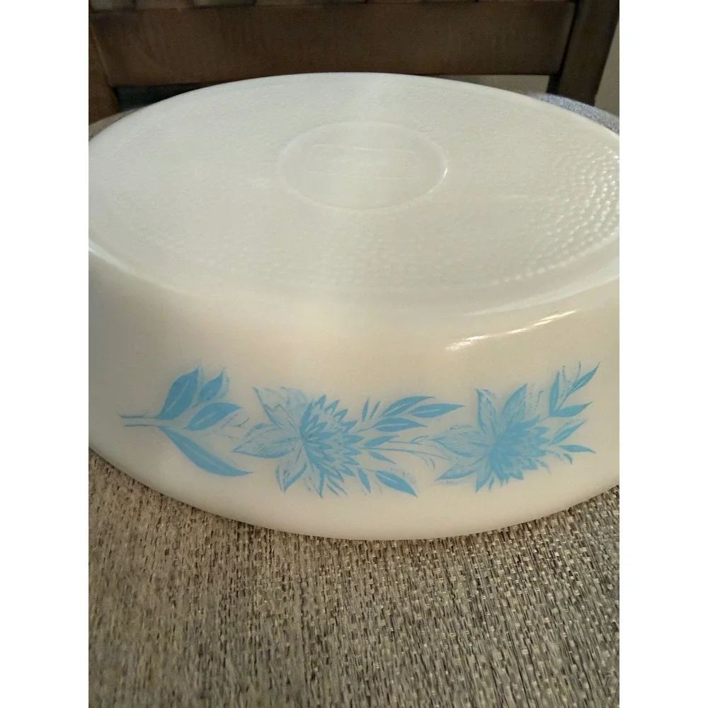 Vintage Glasbake Blue Floral Milk Glass Divided Oval Casserole Dish J-2352 USA